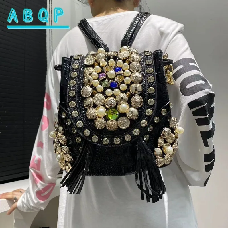 Women's New Backpack Elegant Diamond-encrusted Backpacks Multi-functional Beaded Trendy Crossbody Bucket Bag Large Capacity