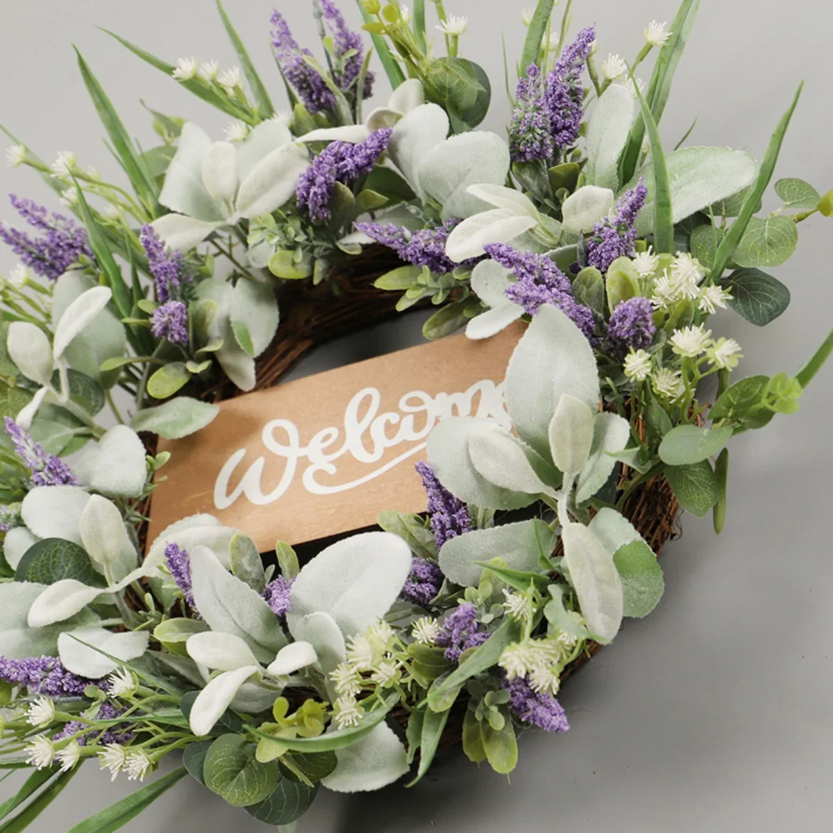 

40cm Artificial Lavender Rabbit Leaf Front Door Wreath Spring Plastic Purple Simulated Fake Flower Farmhouse Wreaths Home Decor