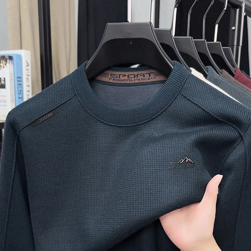 Prendas de punto de manga larga de lujo para hombre, jersey con estampado de cuello redondo y forro polar de estilo coreano, ropa informal de moda para invierno