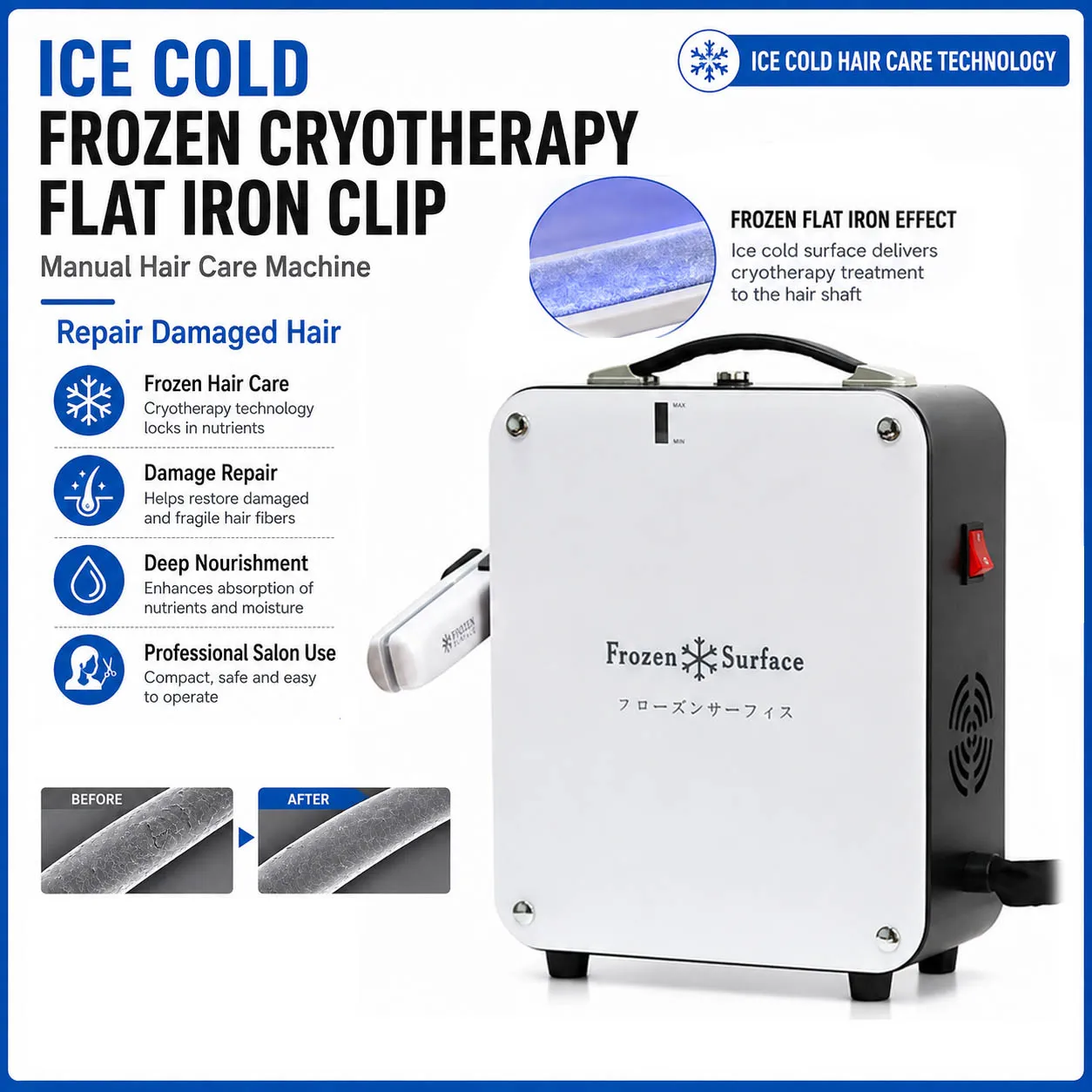 Ice Cold Cryotherapy Flat Iron Clip Professional Frozen Hair Straightener Repair Damaged Therapy Deep Nourishment Salon Home Use