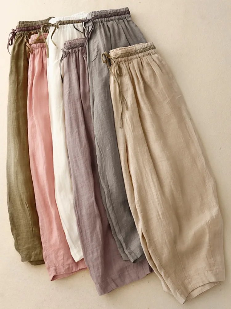 Retro Heavy Work Custom Dyed Flax Lantern Pants Women Summer High Waist Patchwork Belted Harlan Pants Song Pants Cotton Linen...