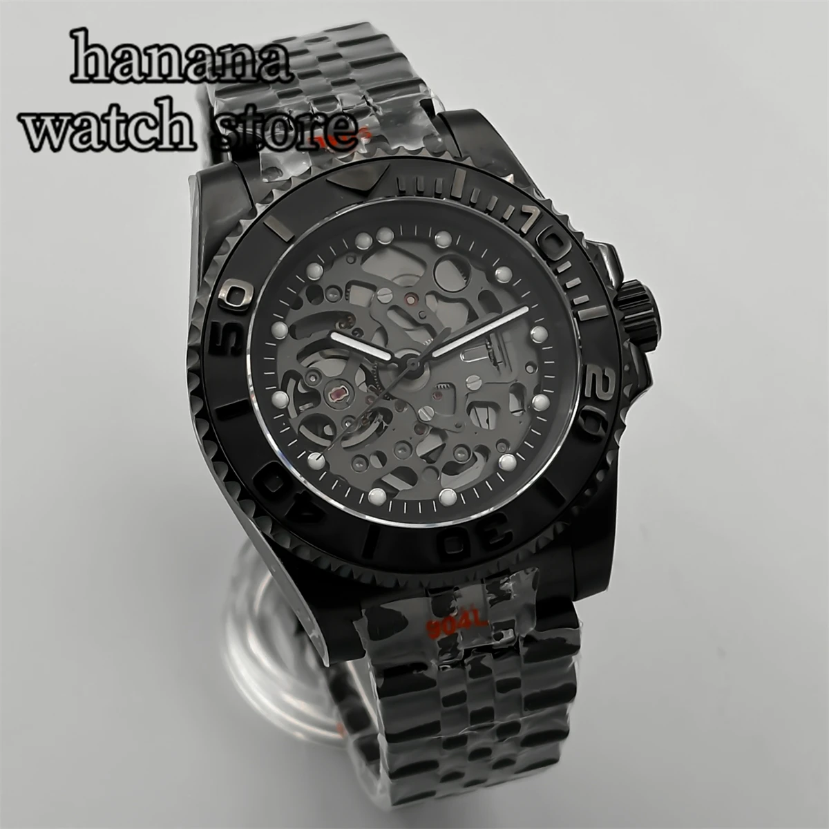 BLIGER 40mm high-end hollow men's mechanical diving watch NH72 automatic movement green glow-in-the-dark silicone strap