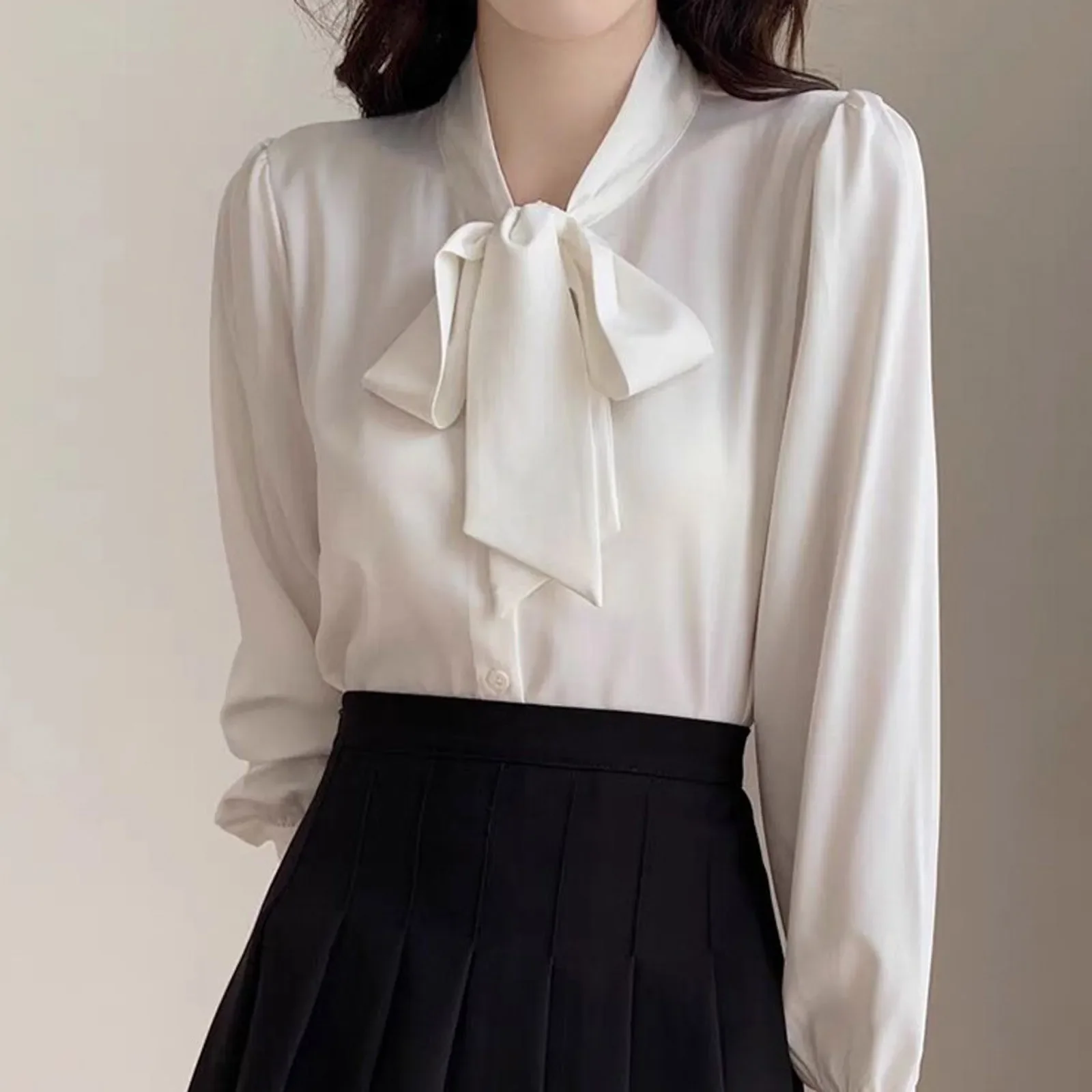 

Business Shirts for Women Long Sleeve Slimming Satin Silk Blouse With Bow Tie Female Elegant High End Solid Color Blouse