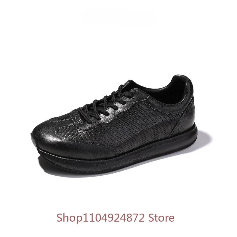 Luxury Fashion Casual Thick Sole Lace Up Sport Shoes Men's Oxfords Breathable Round Toe Horseskin Hollow Out Training Shoes Male