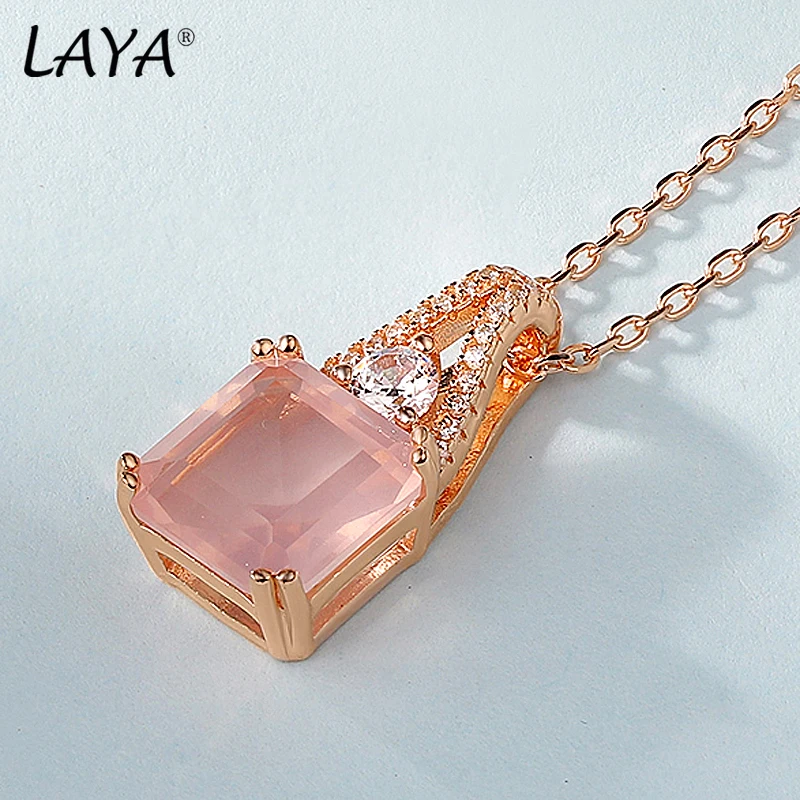 

LAYA Princess Cut Natural Rose Quartz 925 Sterling Silver Pendant Necklace For Women Light Pink 5.4 Carats Gemstone Fine Jewelry