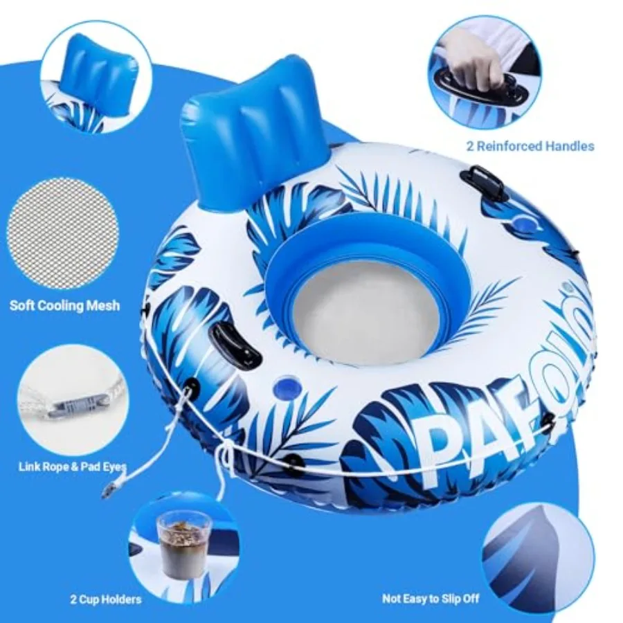 Pool Float For River And Lake Use, Heavy Duty Vinyl, Blue, Supports 500 Lbs With Backrest, 2 Cup Holders, Durable Grab Handles,