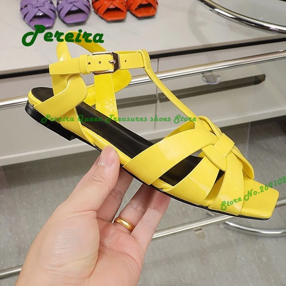 Yellow Twist Cross Flat Sandals Solid Square Toe Low Heels Summer Sandals for Women Buckle Patent Leather Luxury Party Shoes