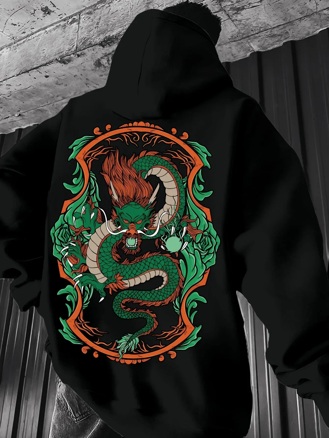 Vintage Oriental Dragon Floral Ornament Graphic Hoodie Back Print Pullover Unisex Loose Fleece Lined Autumn Winter