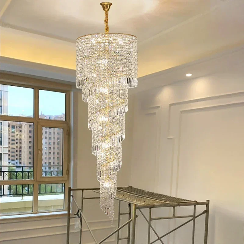 

Luxury Staircase Chandelier Lighting Gold Home Decor Crystal Lamp Spiral Design Hallway Lobby Long Suspension Light Fixture