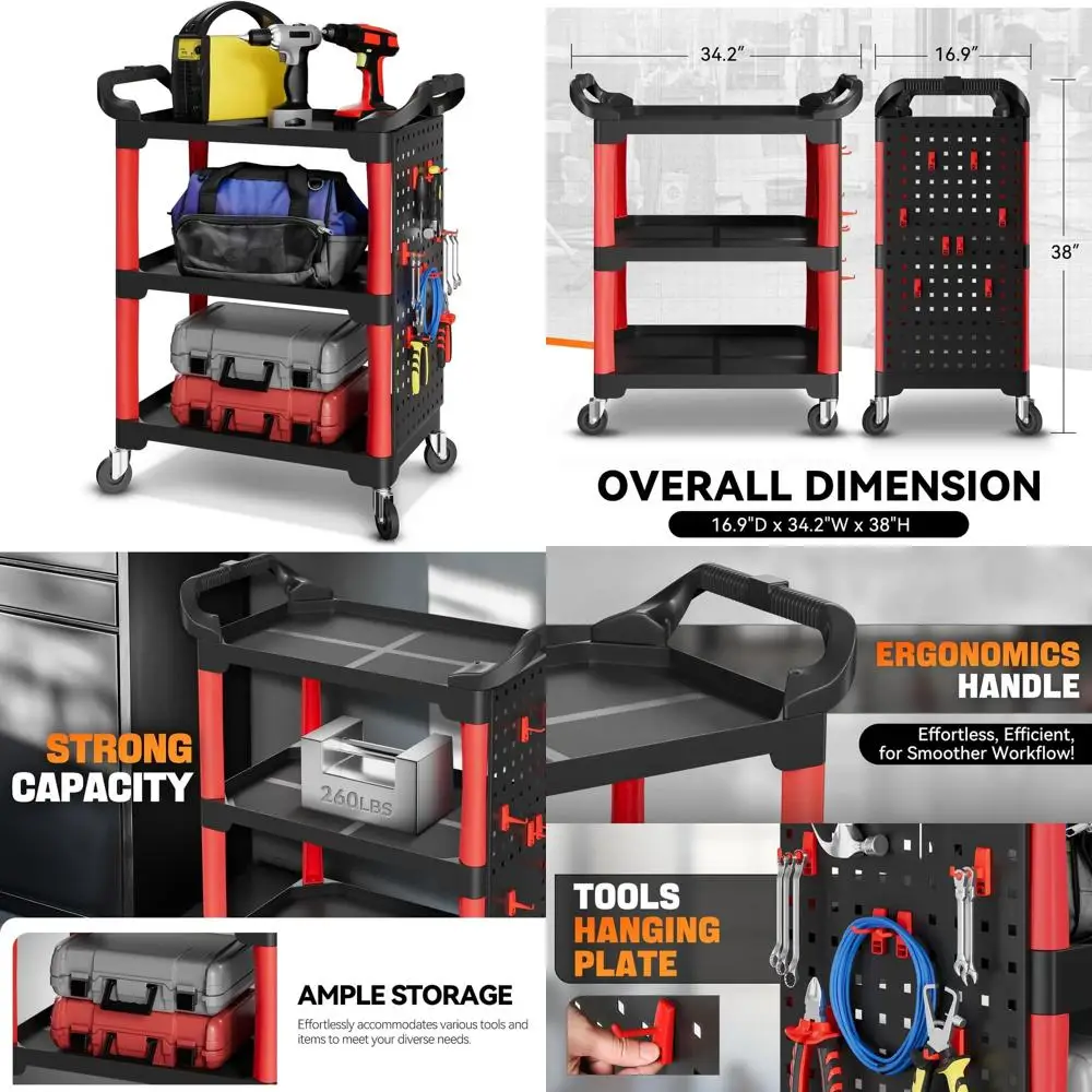 

Прочная 3-х уровневая тележка с перфорированной панелью для гаража, мастерской и склада, грузоподъемность 120 кг, черно-красная