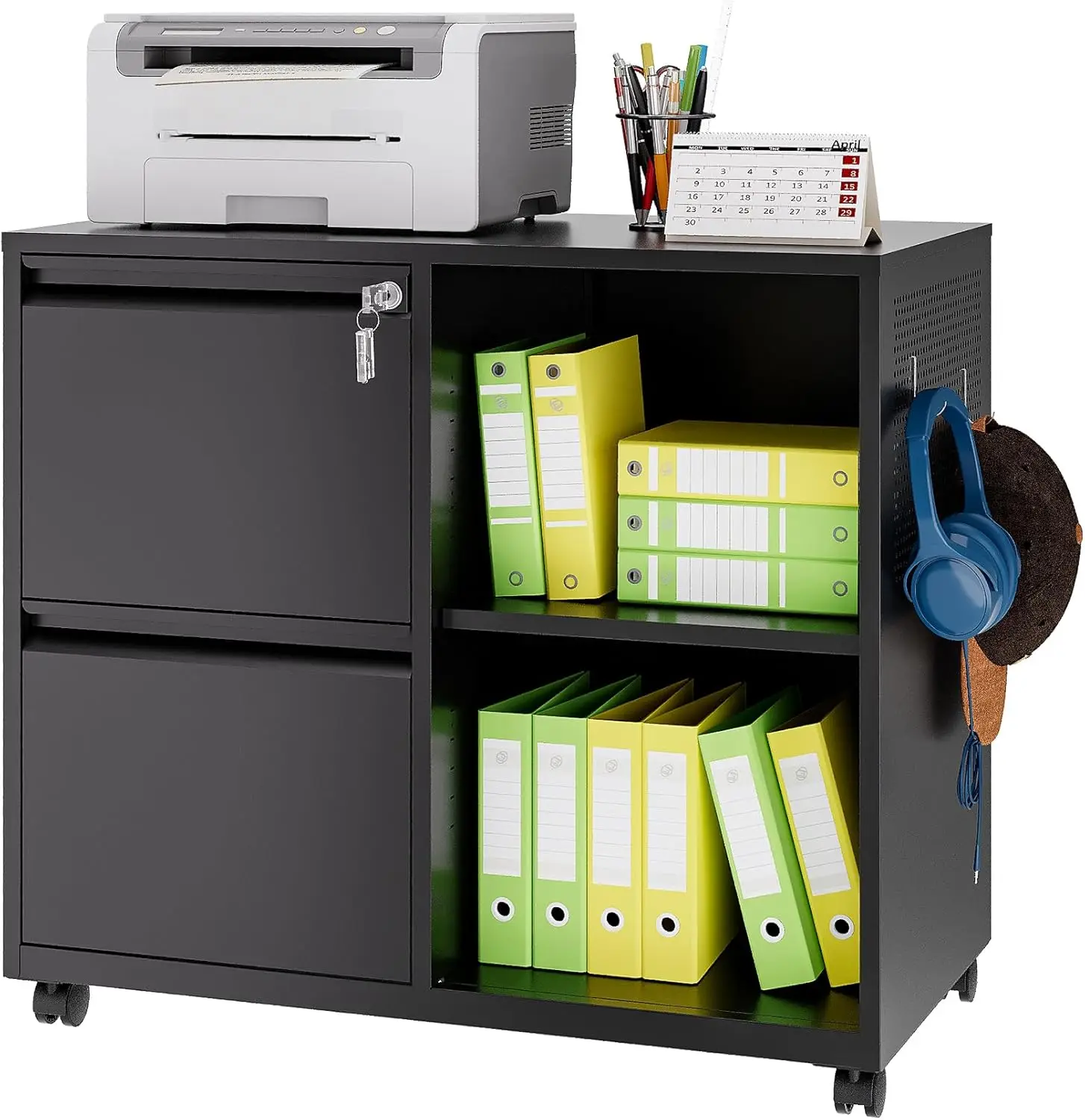 Lateral 2 Drawer Filing Cabinet with Lock, Mobile File Cabinet on Wheels, Printer Stand with Storage for Letter/A4 File Folders