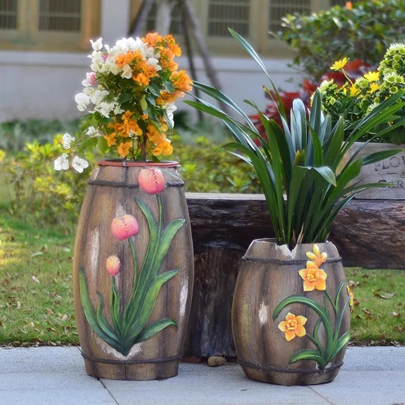 

Decorative Wine Barrel Flower Planter with Tulip Design Handmade Home Garden