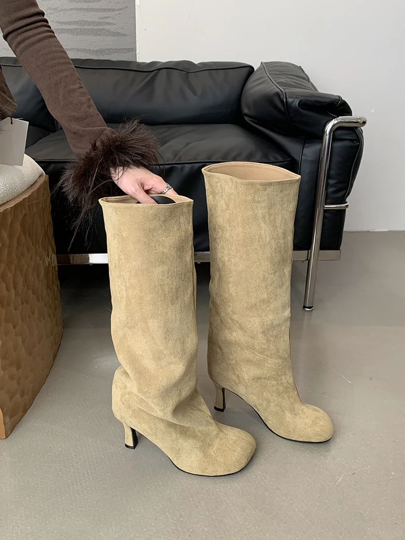 

Осень-зима 2022, сапоги до колена из искусственной замши, ботинки из флока с квадратным носком и каблуком, уличная модная обувь, уличная женская обувь