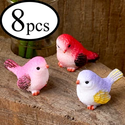 8pcs Cute Cartoon Bird Simulation Colorful Sparrow Statue Animal Model Figurine Miniature Fairy Garden Decoration Accessories