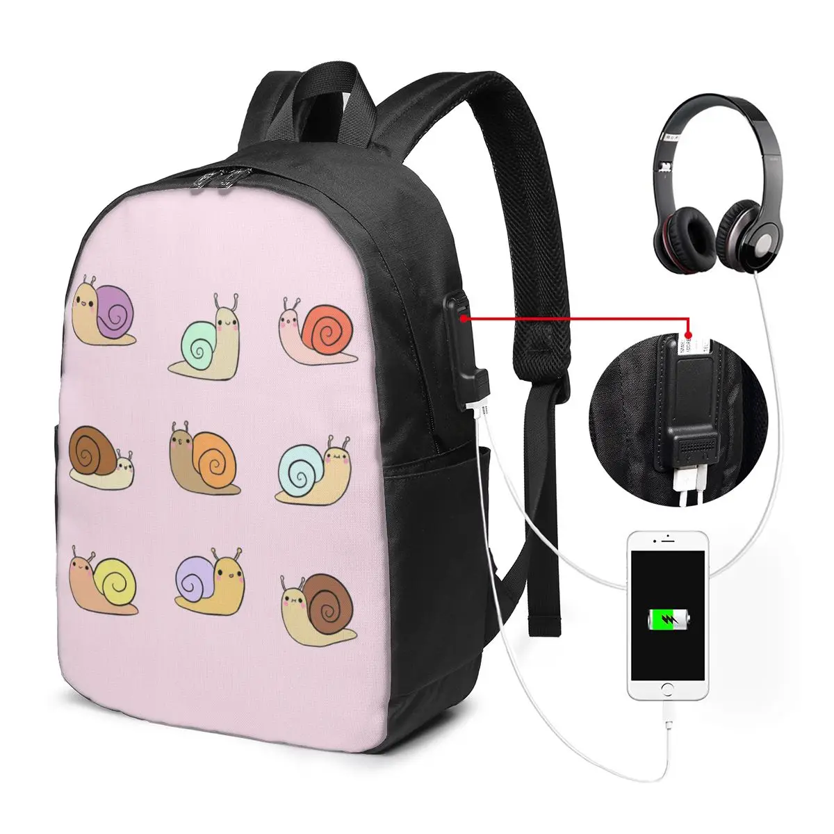 Snail Cartoon Cute Themed Backpack Travel Notebook Bag Computer College Student School Bag Laptop Shoulder Bags for Men Women
