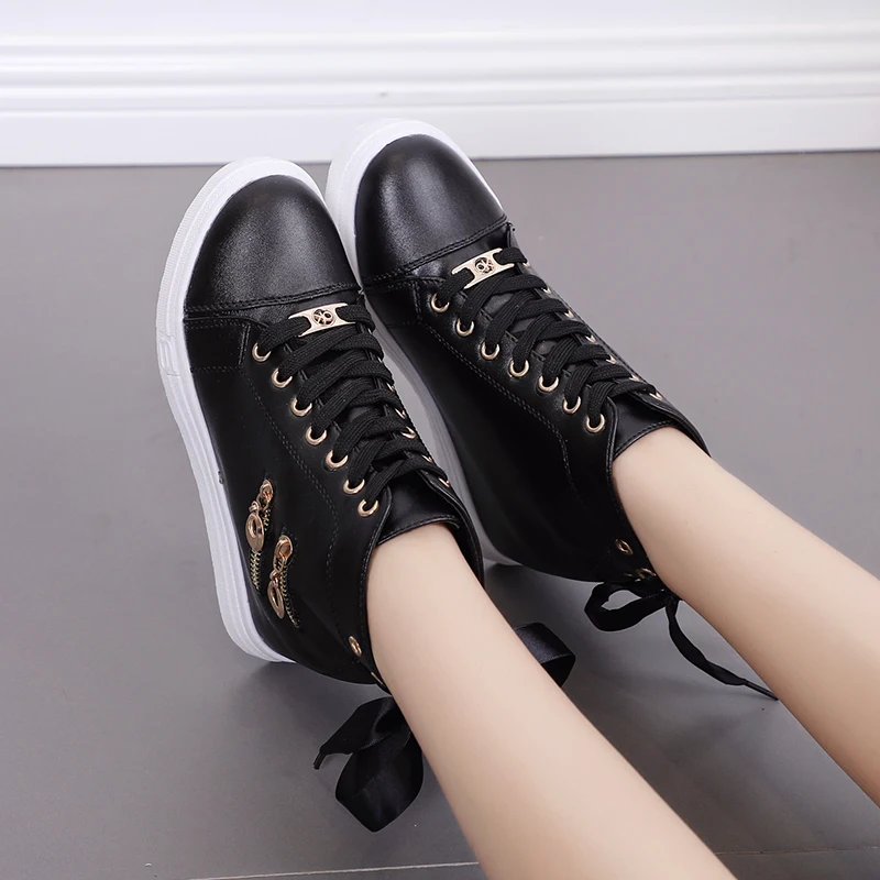 High Top Shoes New Spring Autumn Women's Vulcanized Shoes Female Fashion Lace-Up Casual Shoes Wedge Zip Sneakers Womne Shoes 40