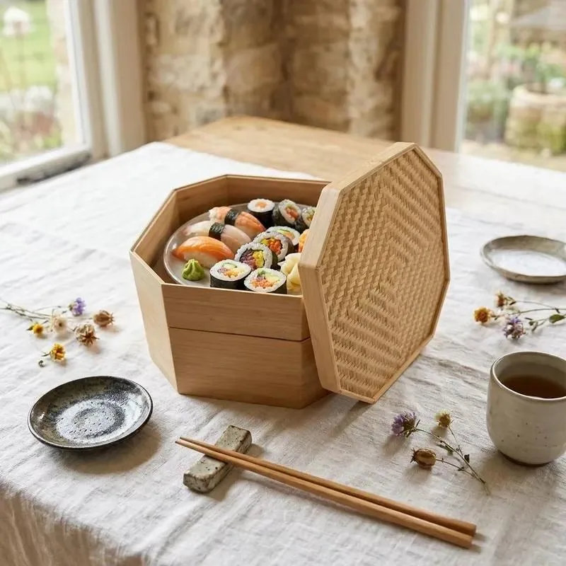 for Vintage Chinese Kung Fu Triple Layer Tea Set Storage Box Long Octagonal Bamboo Lacquer Finish 26x26x23cm Portable Kitchen