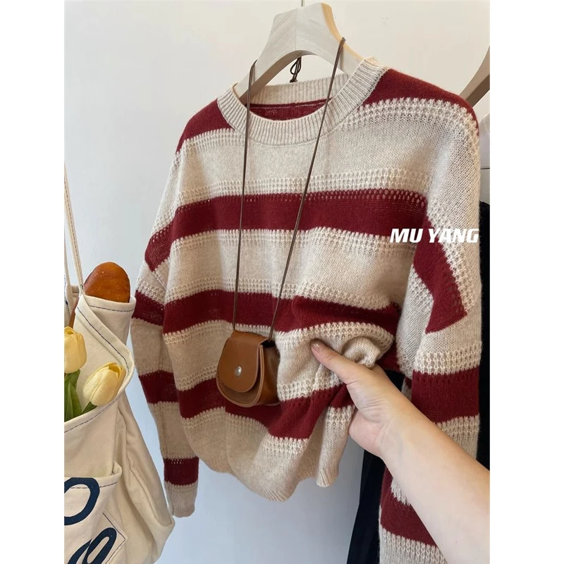 여성용 라운드 넥 긴팔 루즈 풀오버 상의, 스트라이프 할로우, 스위트 시크, 소프트 니트 스웨터, Y2K, 트렌디 대비 색상