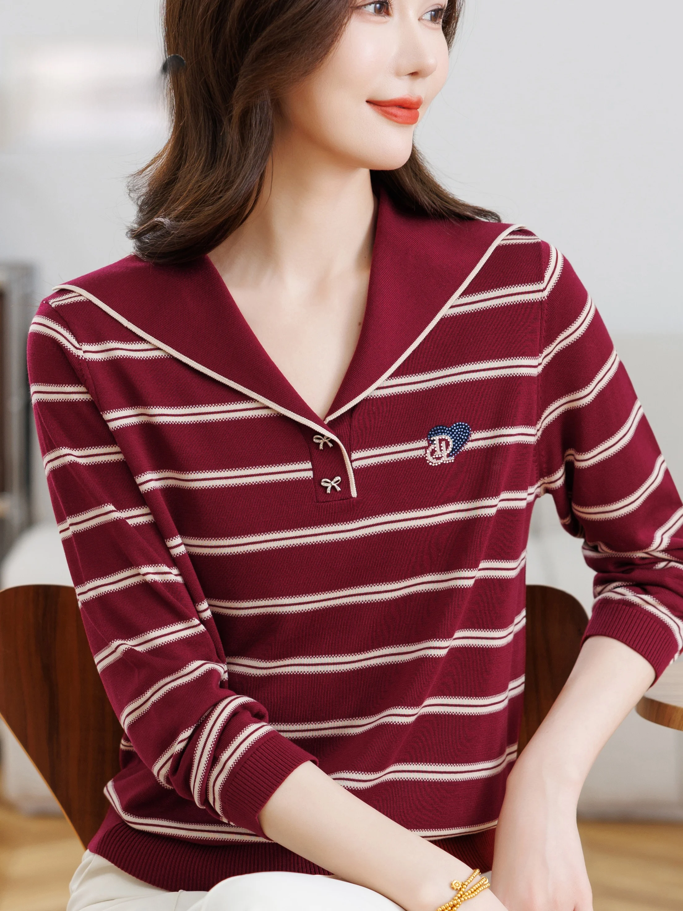 

Spring Navy Collar Striped Knitwear Long Sve Thin Top for Mom Middle-Aged And ly Faionable Base irt Breathable