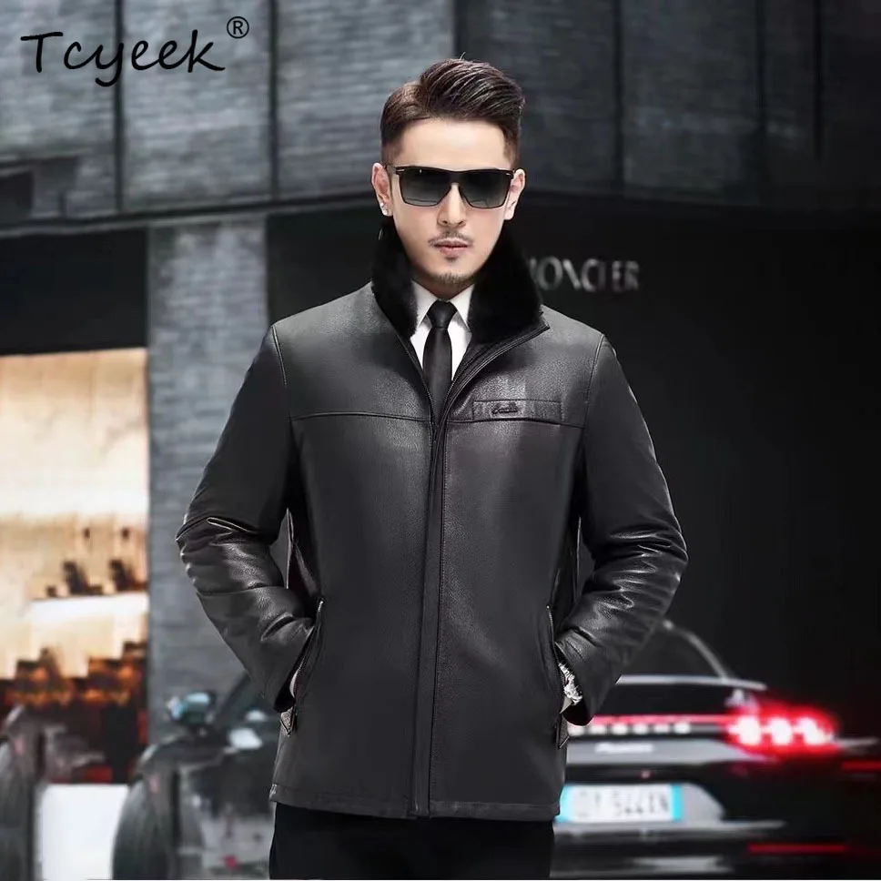

Tcyeek Natural Goatskin Real Leather Jacket Men Winter Jackets for Man Warm Mink Fur Coat Streetwear Mid-length Trench Coats
