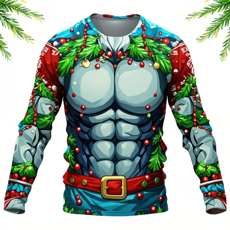 Christmas Spoof Muscle Cosplay Cartoon Santa Claus Long Sleeve 3d Print O-Neck T-shirt Tops Casual Funny Bachelor Party Clothes