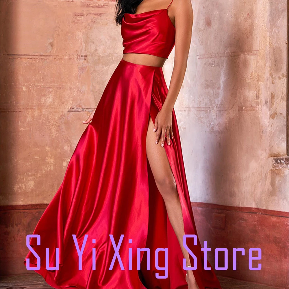 Zipper Back Sleeveless Satin Spaghetti Straps Boat Neck Floor Length Side Slit A-Line Delicate and Temperament Evening Dress