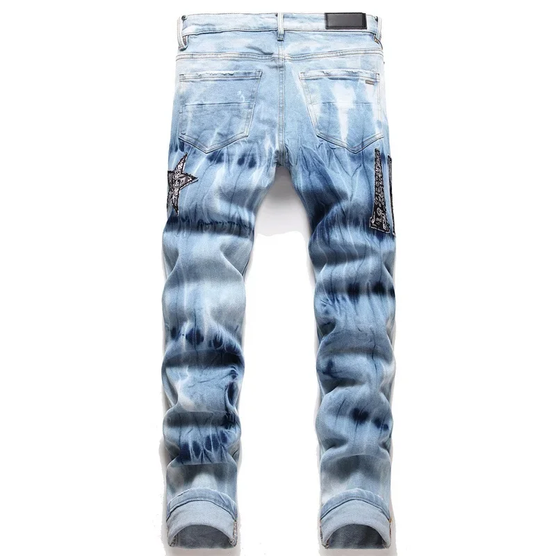 Hochwertige Herren jeans zerrissen bestickte Letter Star Mode elastische Slim Fit Füße Marke Street Motorrad Hose Herren Jeans