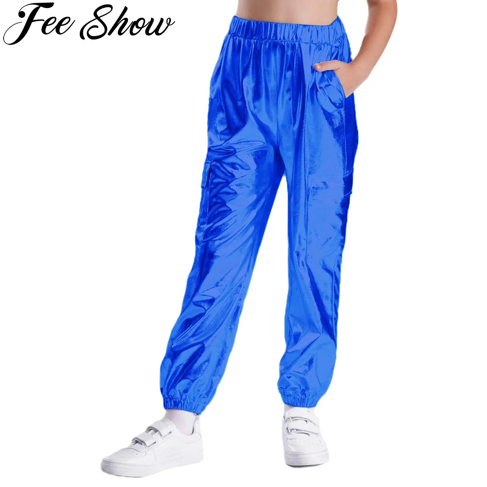 Kids Boys Girls Metallic Shiny Pants Elastic Waistband Trousers with Pockets for Hip-Hop Jazz Dance Stage Performance Streetwear