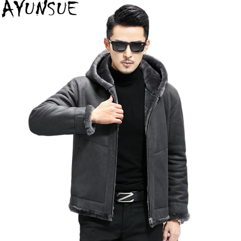 AYUNSUE Original Sheepskin Wool Fur Coat Man Real Leather Jacket Hooded Winter Reversible Style Fashion Short Fur Coats High-end