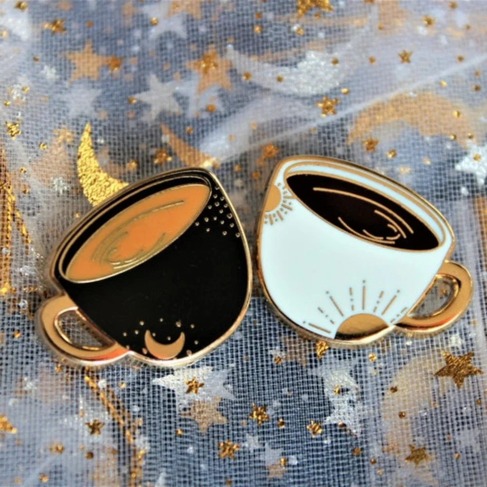 Coffee Cup Pins, Enamel Pin, Lapel Gold Plated, Set, Black, Latte, Gift, Couple