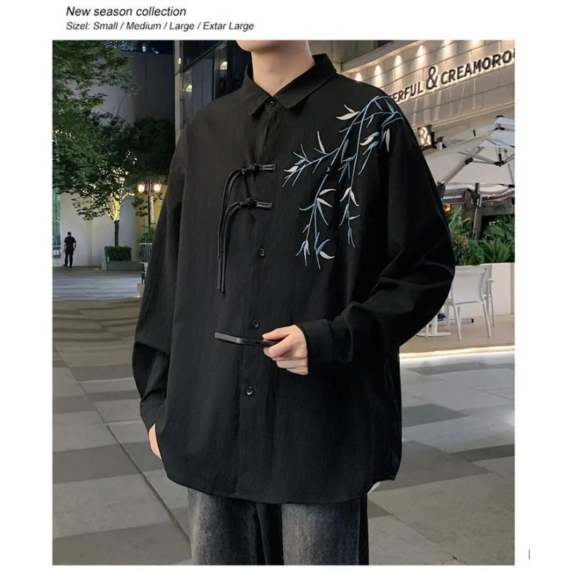 Versatile New Chinese-style Spring Autumn New Ancient-style Men Shirt Trendy Chinese-style Bamboo Embroidery Long-sleeved Shirt
