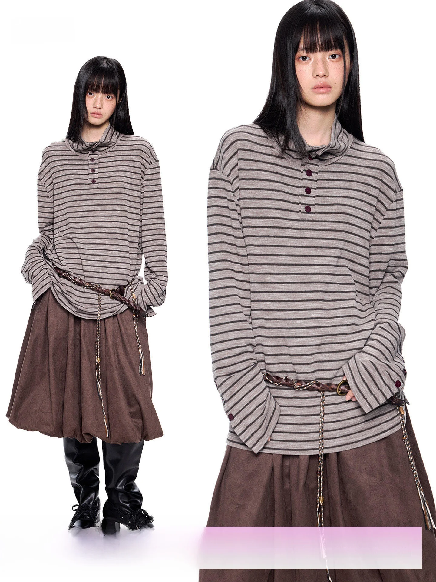 

EZEK Женская футболка Long Sve в повседневную полоску цвета Blo Генри с воротником Base irt Весенняя новинка Sle Винтаж Свободный крой из хлопка ...