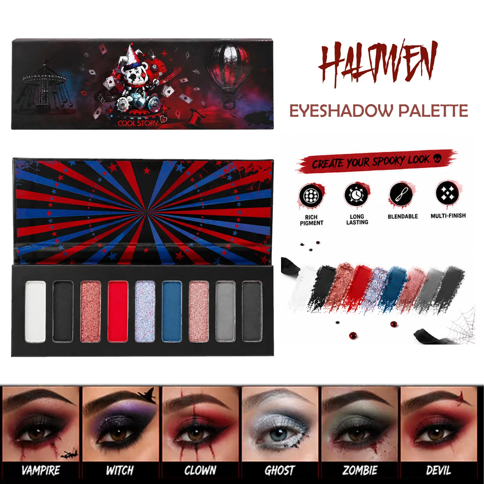 9 colors Eyeshadow Palette Matte Glitter Metallic Gothic Smokey Black Red Highly Pigmented Lasting Halloween Goth Eye Makeup view 3