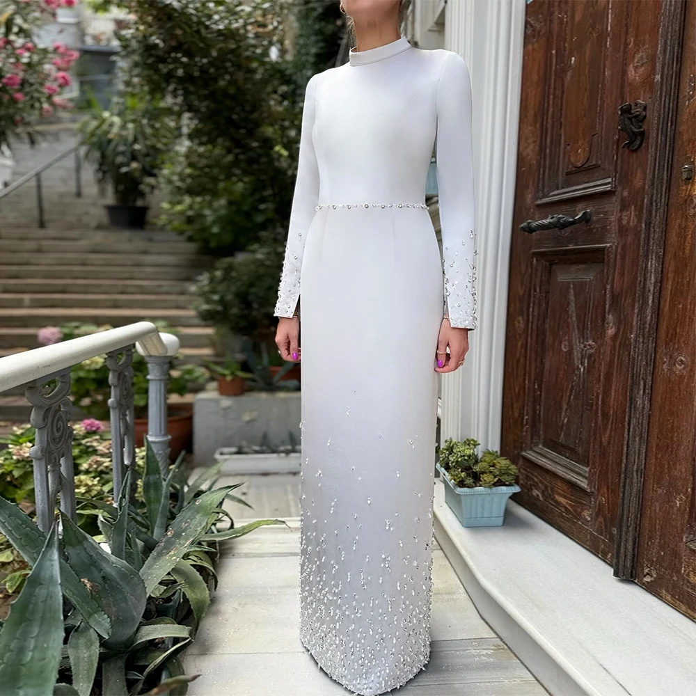 

Роскошное вечернее платье с кристаллами и длинными рукавами, высоким воротником, скромные вечерние платья для женщин, 2024, атласные платья для свадебных гостей