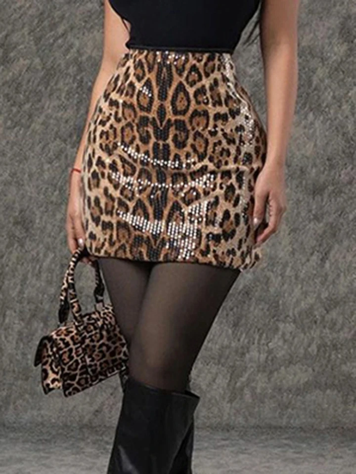 Fashion High Waist Slim Wrap Hips Skirts High Street Women Shiny Sequins A-line Short Skirt Spicy Girl Leopard Print Half Skirts
