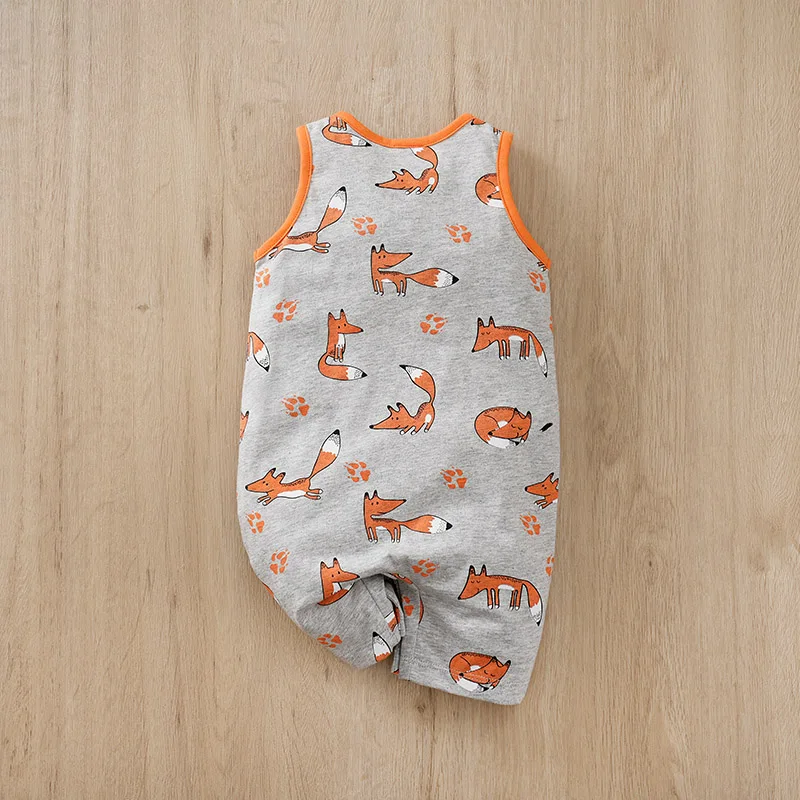 Summer Boys and Girls Cute Fox Print Comfortable and Casual All Cotton Sleeveless Round Neck Baby Bodysuit