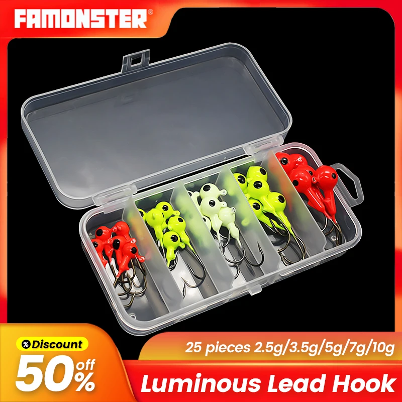 

FAMONSTER Luminous Colorful Fishing Set Hooks 1g10g Swimbait Jig Head 3D Eye Spinner Willow For Bass Pike Lure Tackle Box Winter