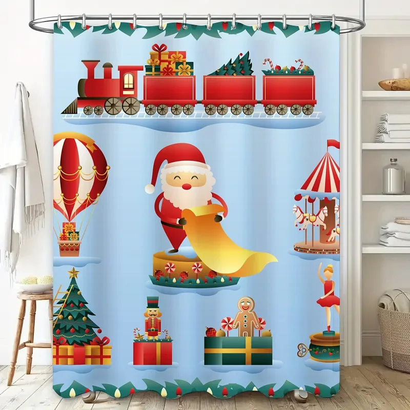 GAETU Christmas Shower Curtain Festive Holiday Bathroom Decor Reindeer Santa Claus Pattern Waterproof Fabric Washable Home Dec