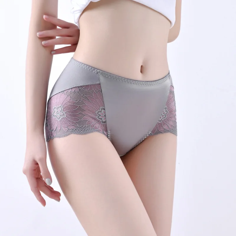 40-80kg Modal Perspective Jacquard Silky Briefs Sexy Lace Cotton File Mid-waist Large Size Women\'s Ice Silk Underwear Panties