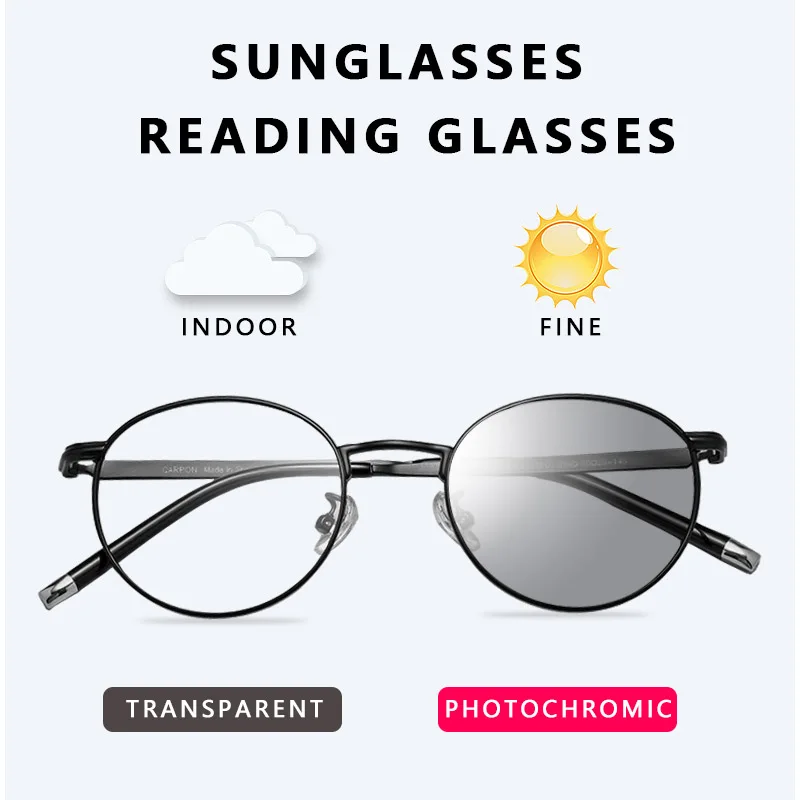 

Photochromic Reading Glasses for Men Metal Round Frame Sunglasses ，Presbyopic glasses Magnification Strength