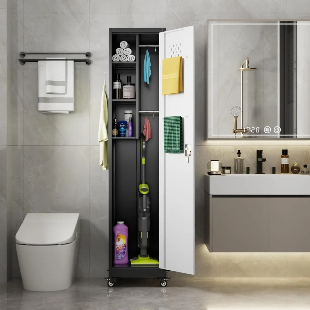 ตู้เก็บของขนาด 72 นิ้ว พร้อมล้อเลื่อน, ตู้เก็บเครื่องมือทำความสะอาดโลหะแบบล็อคได้พร้อมตะขอ, อุปกรณ์ทำความสะอาดสำหรับชั้นวางไม้กวาด