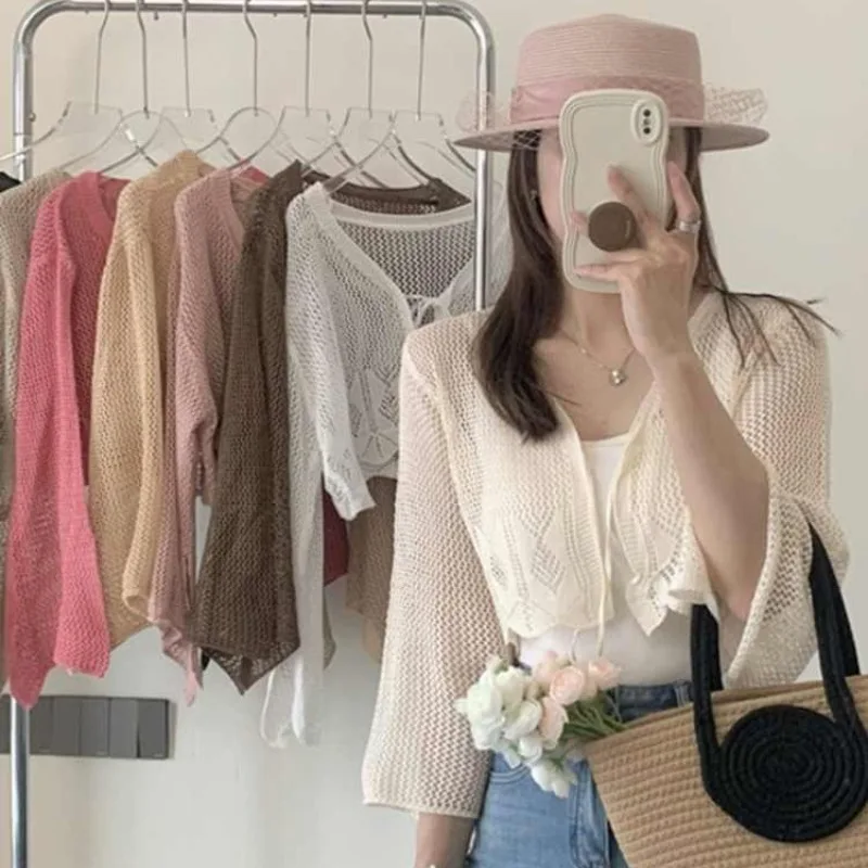 

Hollow Out Ice Silk Knitted Cardigan Women Sunscreen Short Style Cover Top