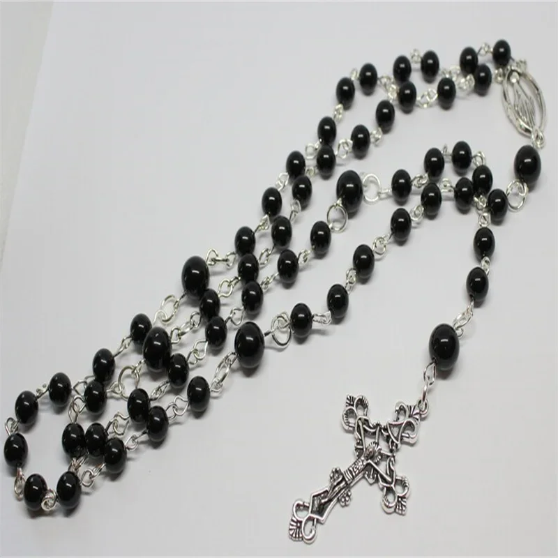 Handmade Victorian Gothic Rosary Style Long Necklace, Five Decade Rosary Beads with Crucifix, Black Glass Beads Catholic Rosary