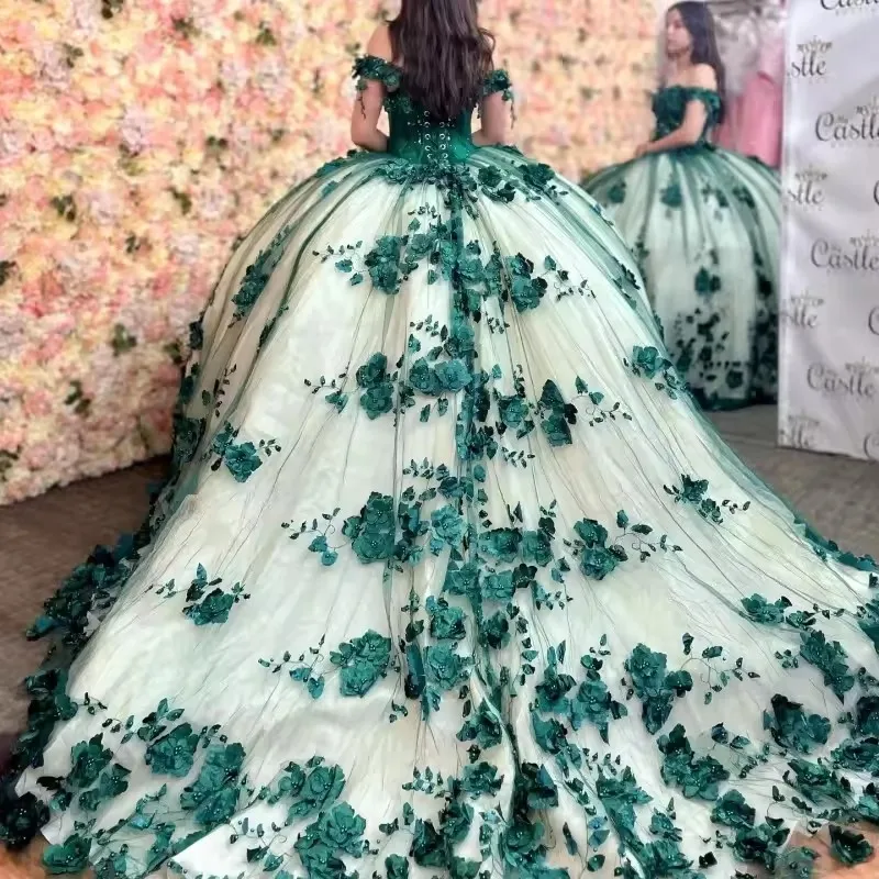 Luxury 3D Floral Tulle Quinceanera Dresses Puffy Pearly Prom Dresses with Train Beaded Off Shoulder Sweet 16 Dresses Customized