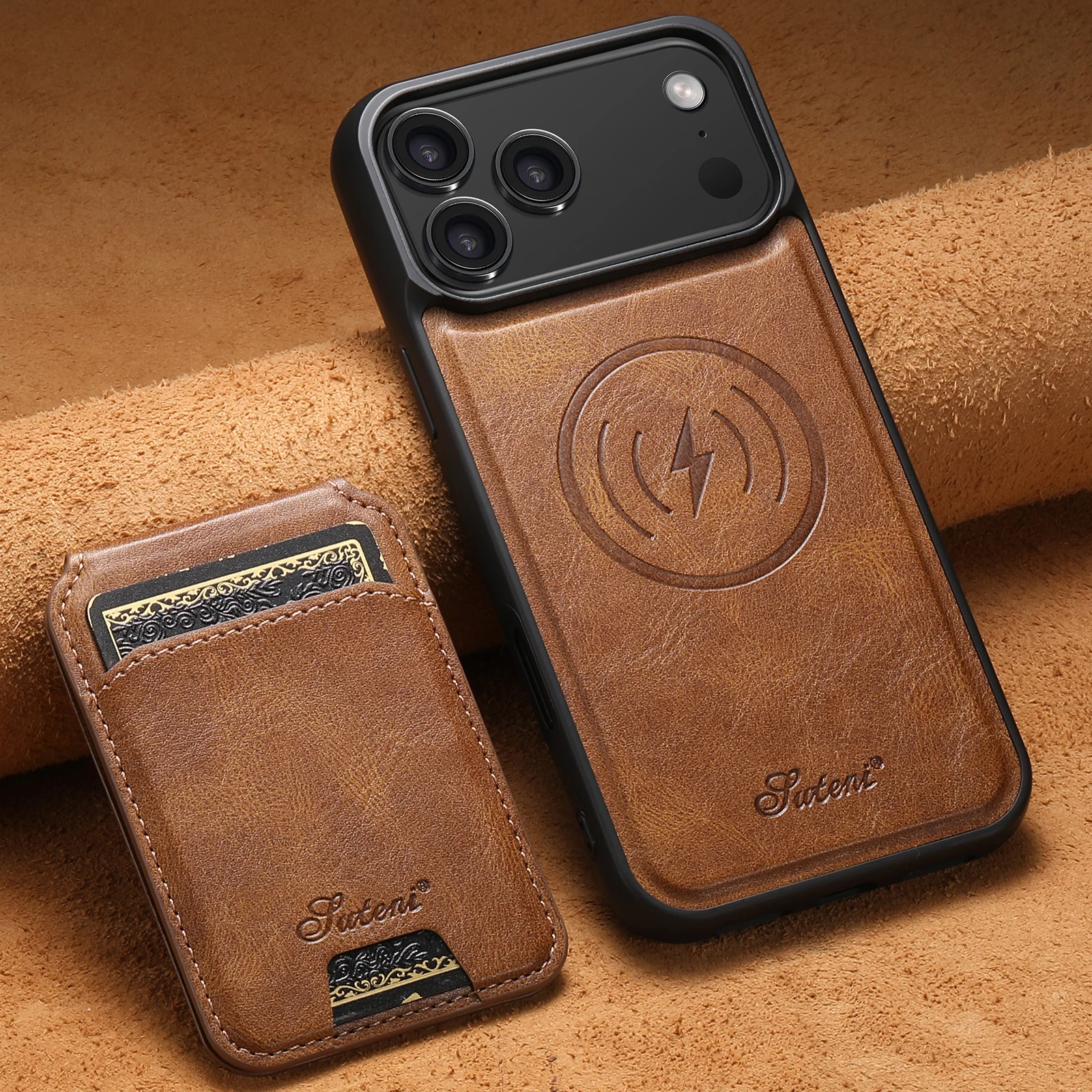 SUTENI Wireless Charging Faux Leather Magnet Card Holder Stand Picture Frame Phone Case For iPhone 18 Pro Max 17 16 Plus 15 14