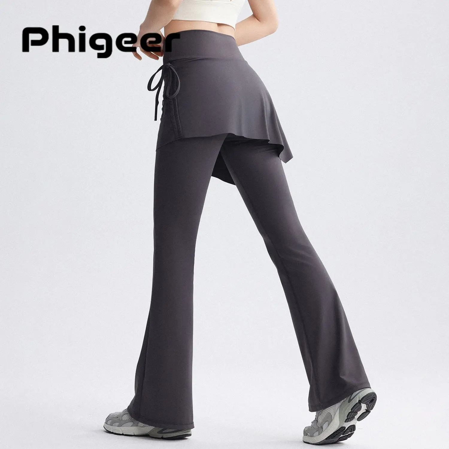 

Женские брюки для пилатеса и йоги PHIGEER, эластичные расклешенные теннисные леггинсы 2-в-1 с эффектом подтяжки бедер, обтягивающие брюки-юбка для тренировок в спортзале