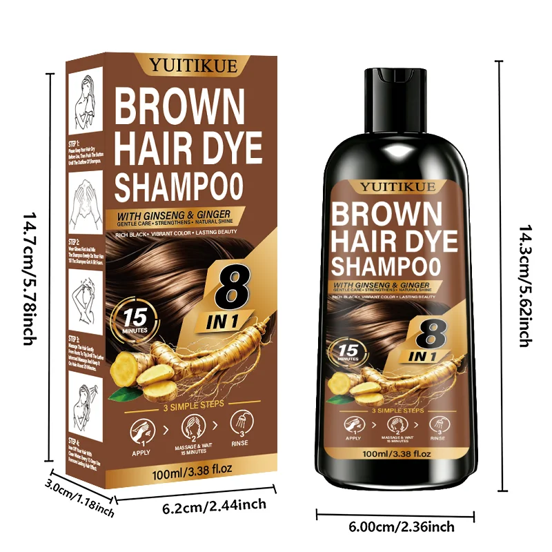 15 Mins Fast Hair Coloring Shampoo Brown 8 In 1 Herbal Ginseng Ginger Long Lasting Natural Shine Hair Dye Shampoo 100ml - view 6