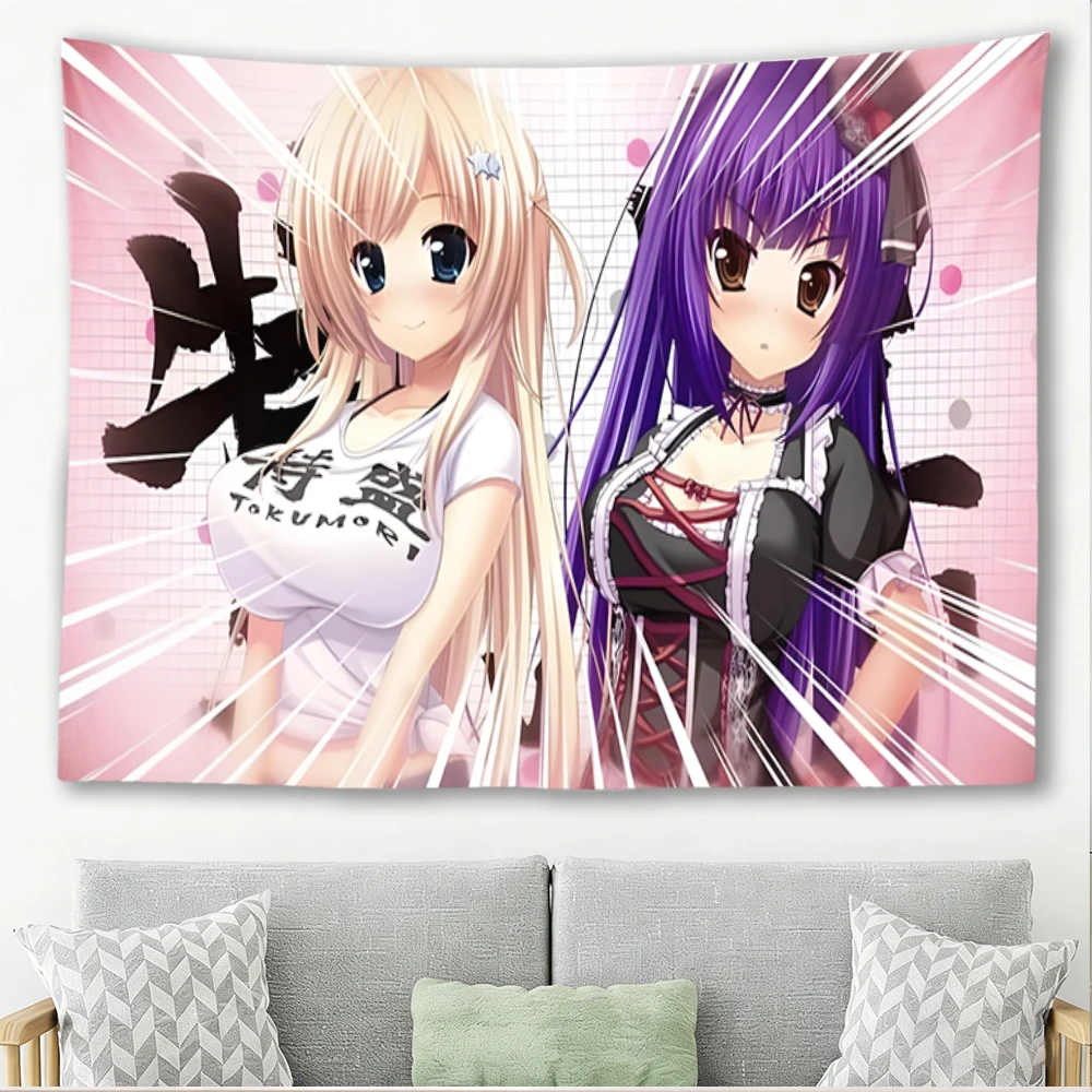 Blonde & Purple Hair Anime Girls Tapestry Two Maiden Portrait Pink Grid Background Wall Hanging Kawaii Otaku Bedroom Dorm Decor