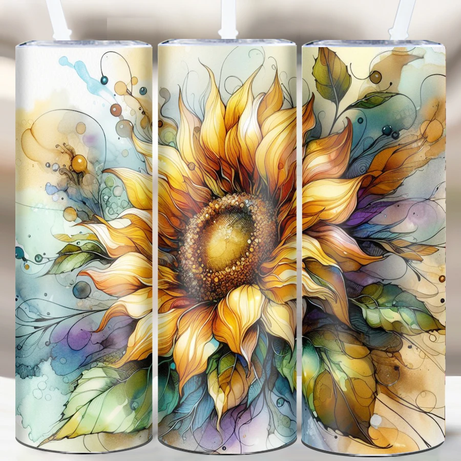 1Pc Drink Bottle Straw Lid 20oz Large Capacity Stainless Straight Coffee Cups 3D Print Sunflowers Mug Halloween Christmas Decors