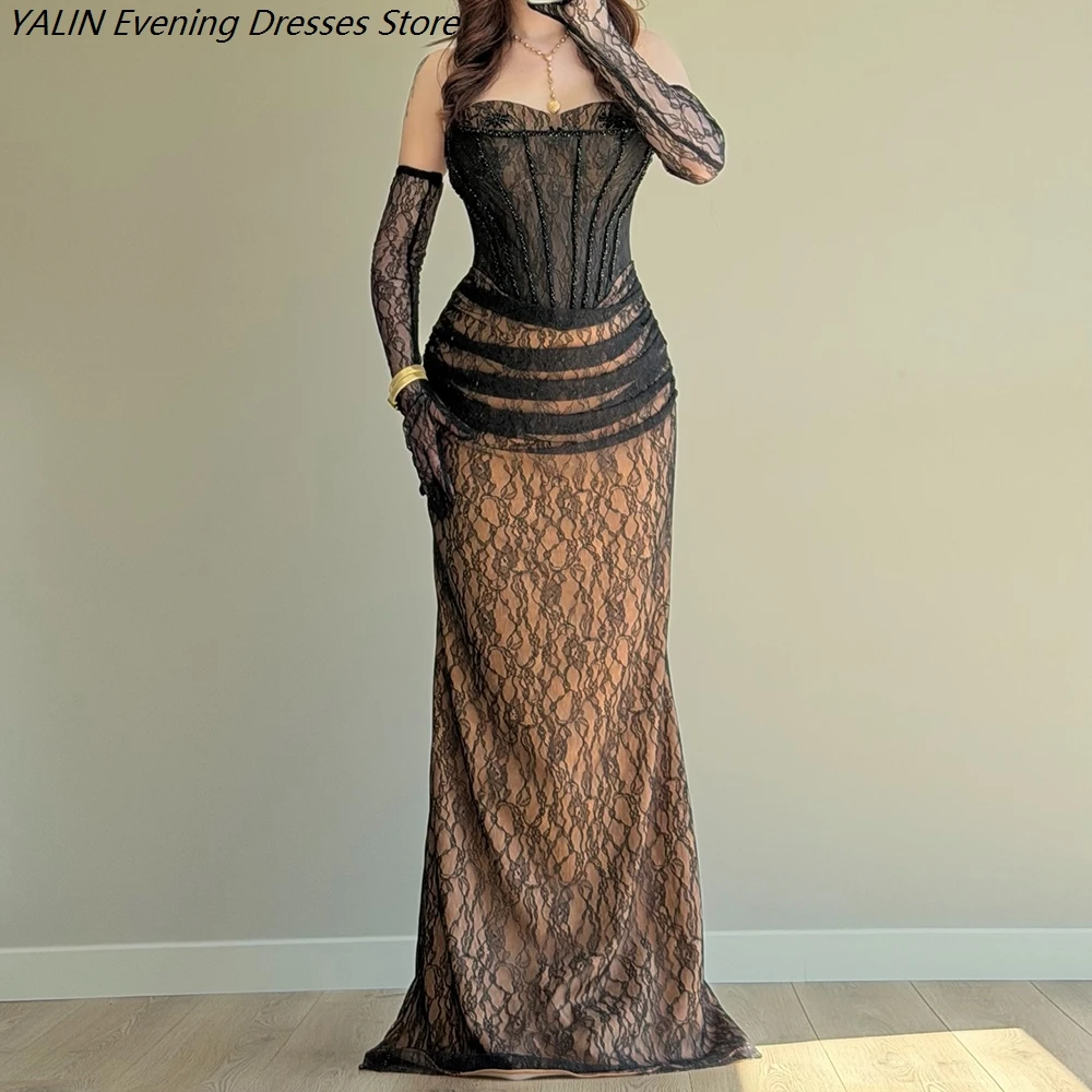 

Women's A-line Evening Dresses Floor-length Strapless Full Sleeve Prom Dresses Fashion Lace Beading Pleat Customized Gowns
